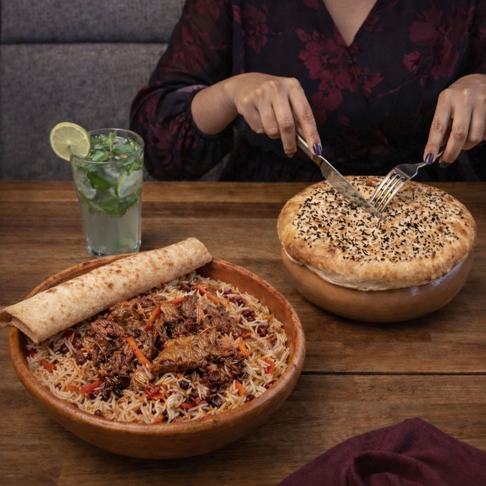 Qabuli at Kabul Palace, served with bread at the table