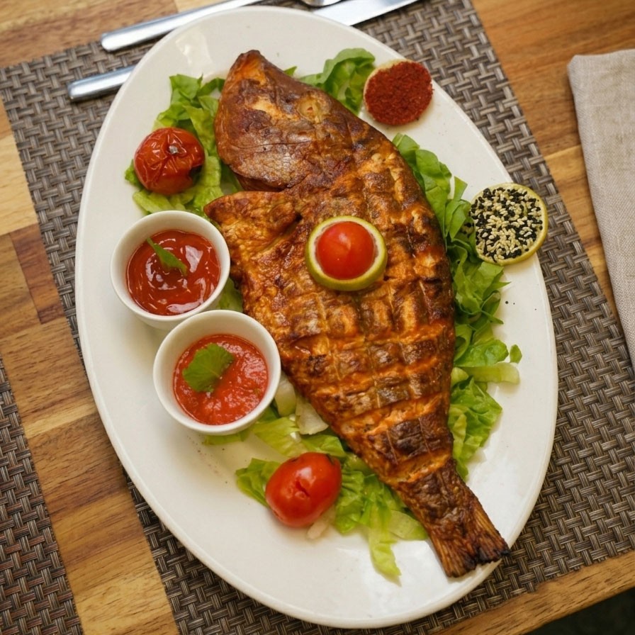 Whole fish served with salad and sauces